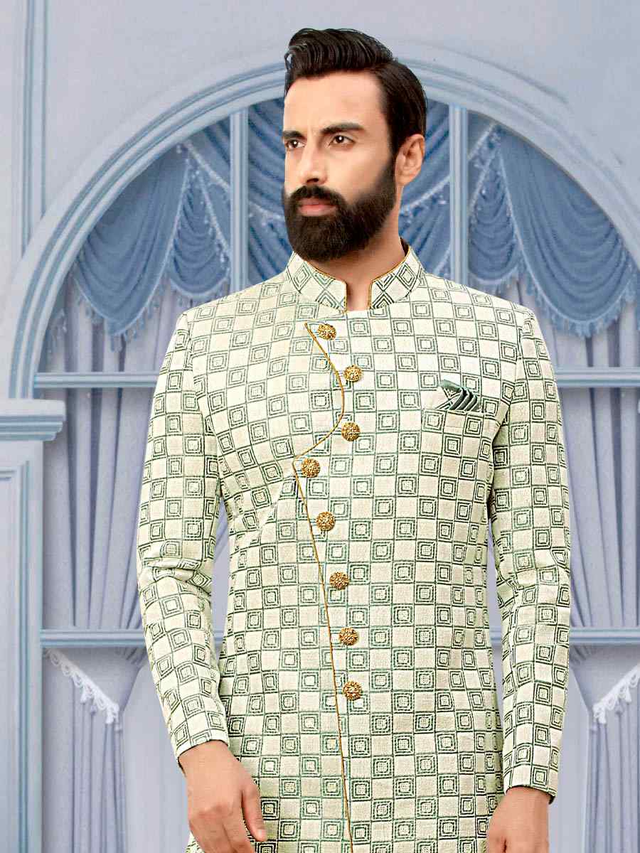 Teal Brocade Woven Party Wedding Sherwani