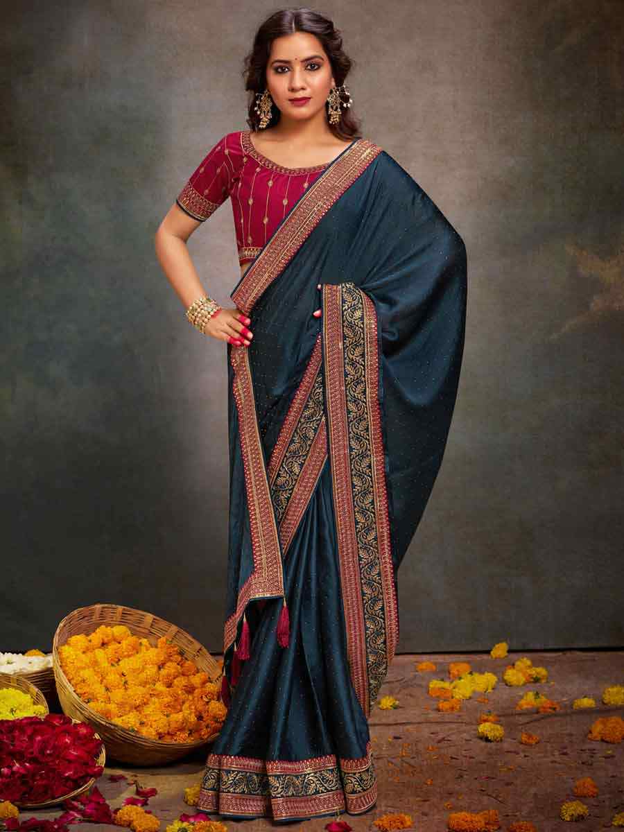 Teal Bsy Satin Embroidered Festival Wedding Heavy Border Saree