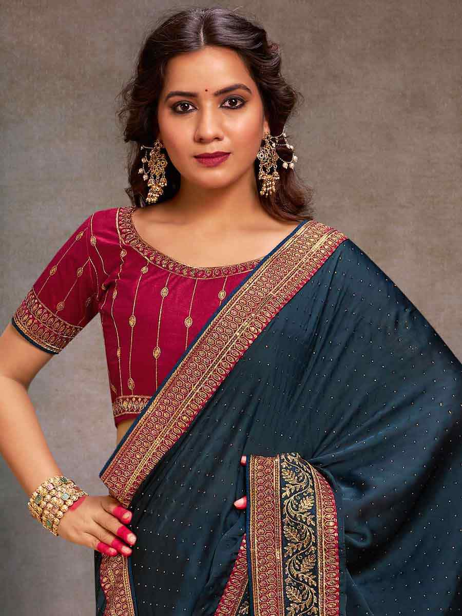 Teal Bsy Satin Embroidered Festival Wedding Heavy Border Saree