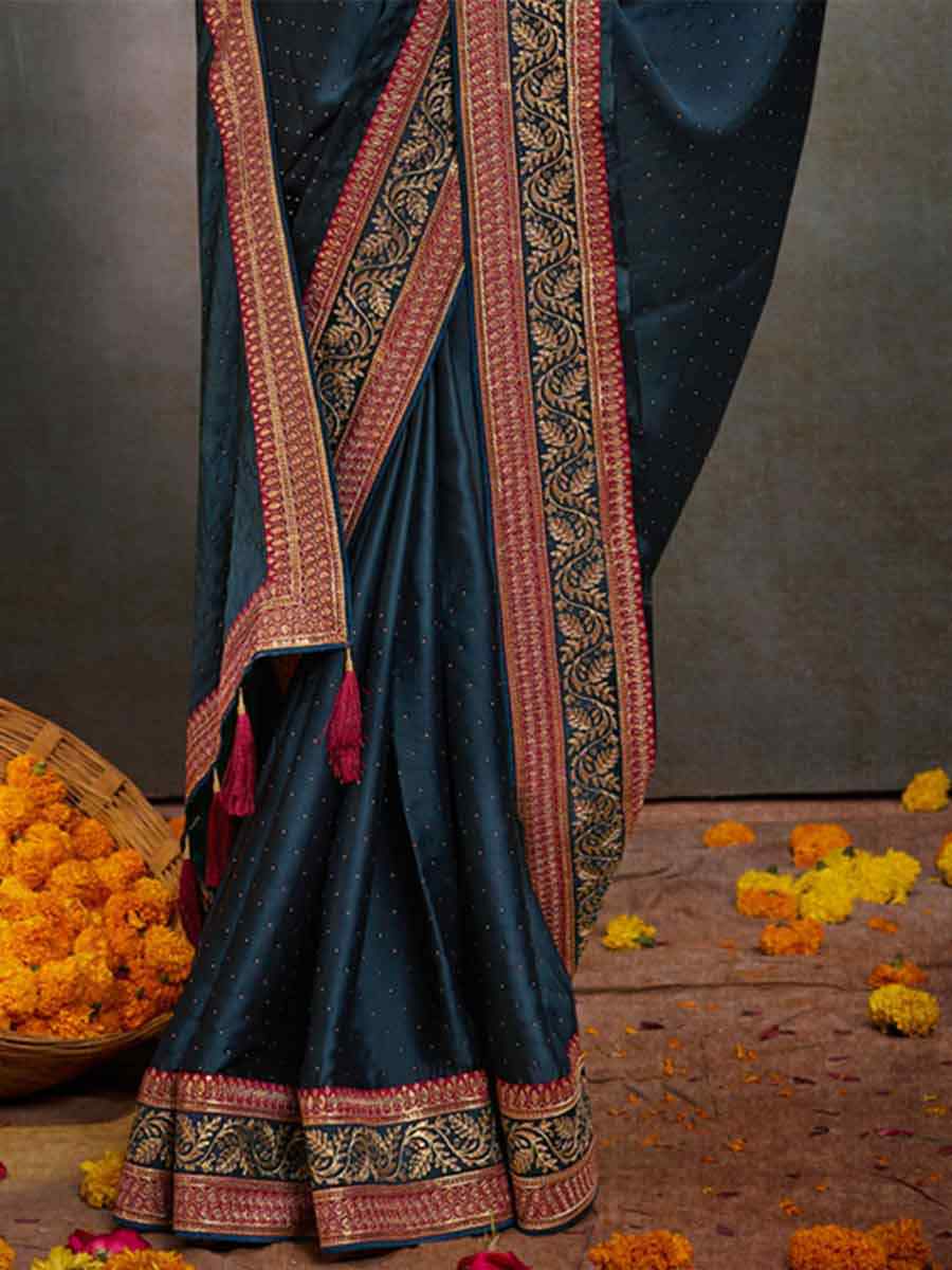 Teal Bsy Satin Embroidered Festival Wedding Heavy Border Saree