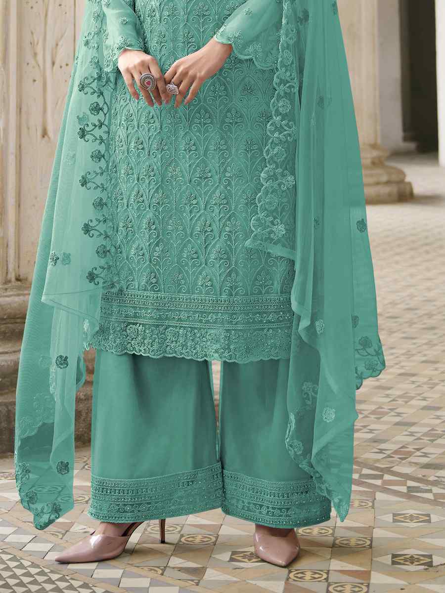 Teal Butterfly Net Embroidered Wedding Party Palazzo Pant Salwar Kameez