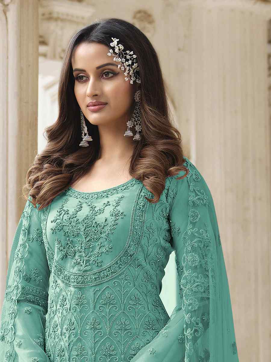 Teal Butterfly Net Embroidered Wedding Party Palazzo Pant Salwar Kameez