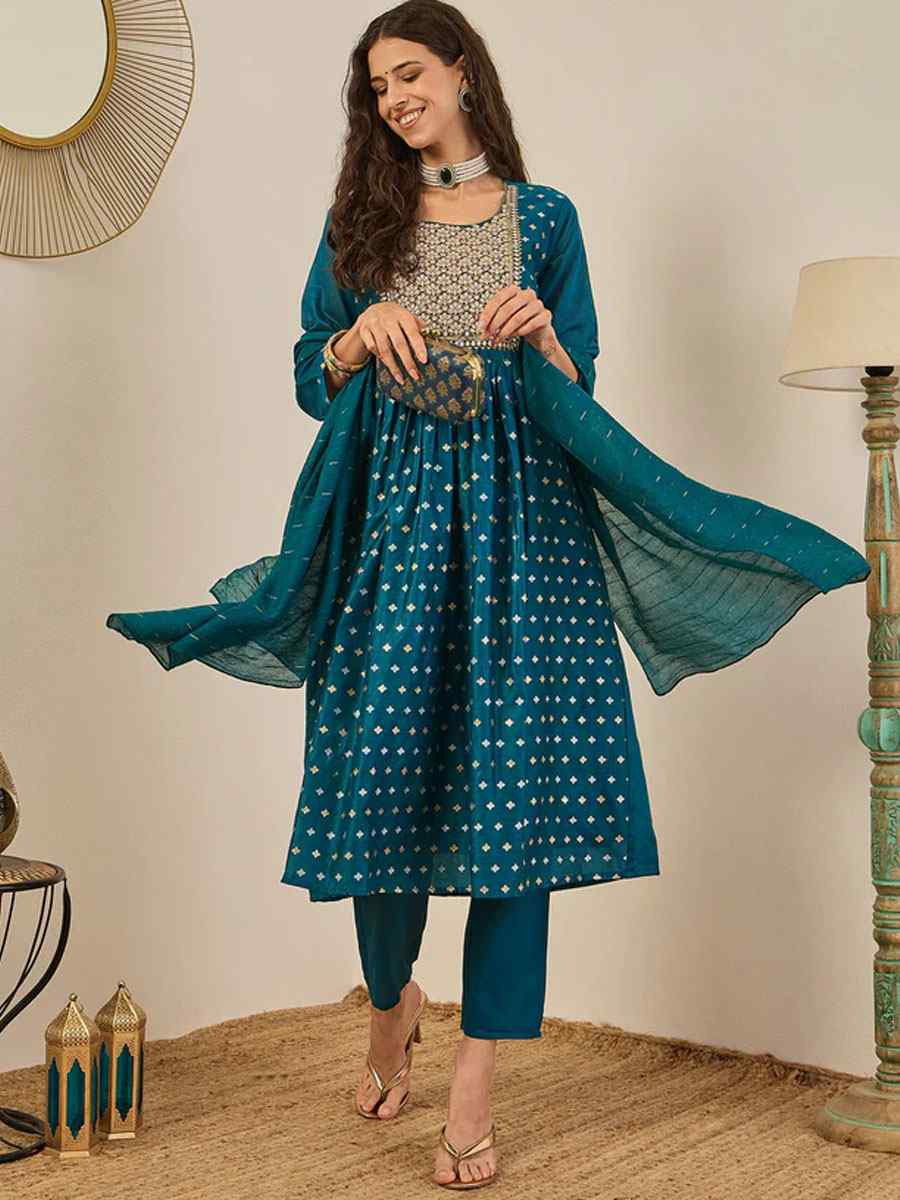 Teal Chanderi modal Embroidery Party Wedding Festival Casual Ready Anarkali Pant Salwar Kameez