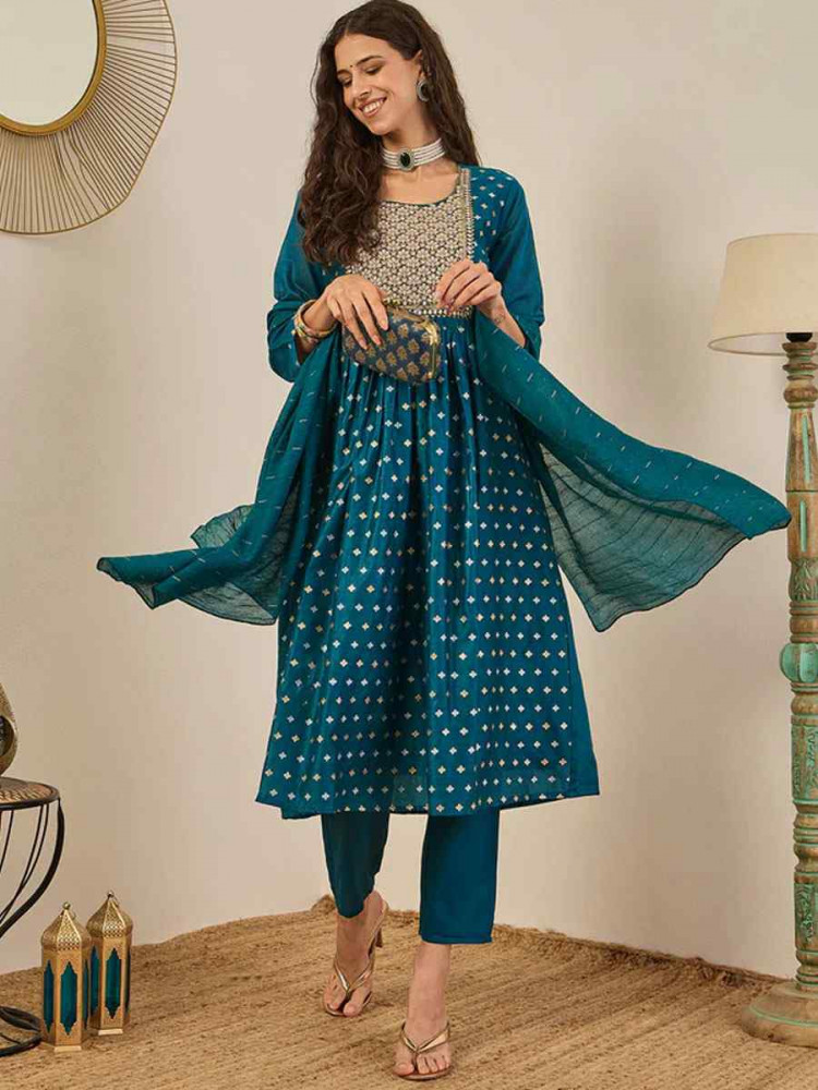 Image of Teal Chanderi modal Embroidery Party Wedding Festival Casual Ready Anarkali Pant Salwar Kameez