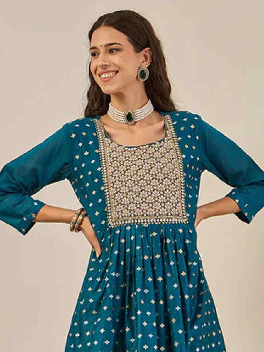 Teal Chanderi modal Embroidery Party Wedding Festival Casual Ready Anarkali Pant Salwar Kameez