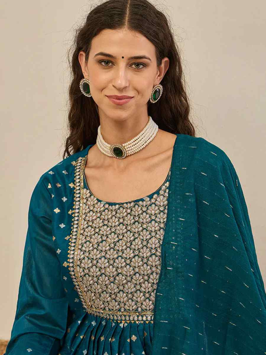 Teal Chanderi modal Embroidery Party Wedding Festival Casual Ready Anarkali Pant Salwar Kameez