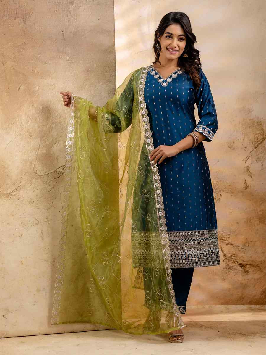 Teal Chanderi Silk Embroidered Festival Wedding Ready Pant Salwar Kameez