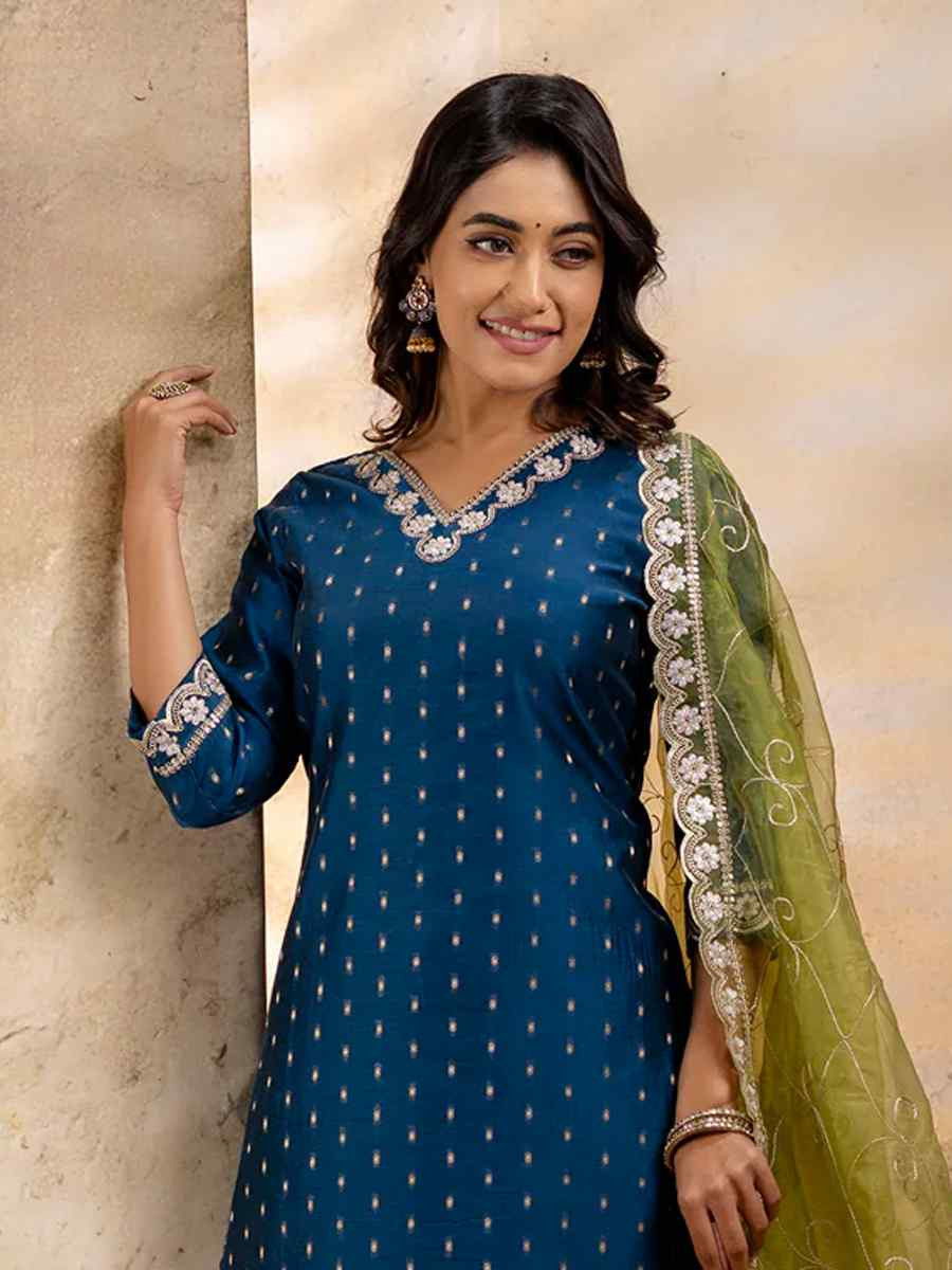 Teal Chanderi Silk Embroidered Festival Wedding Ready Pant Salwar Kameez