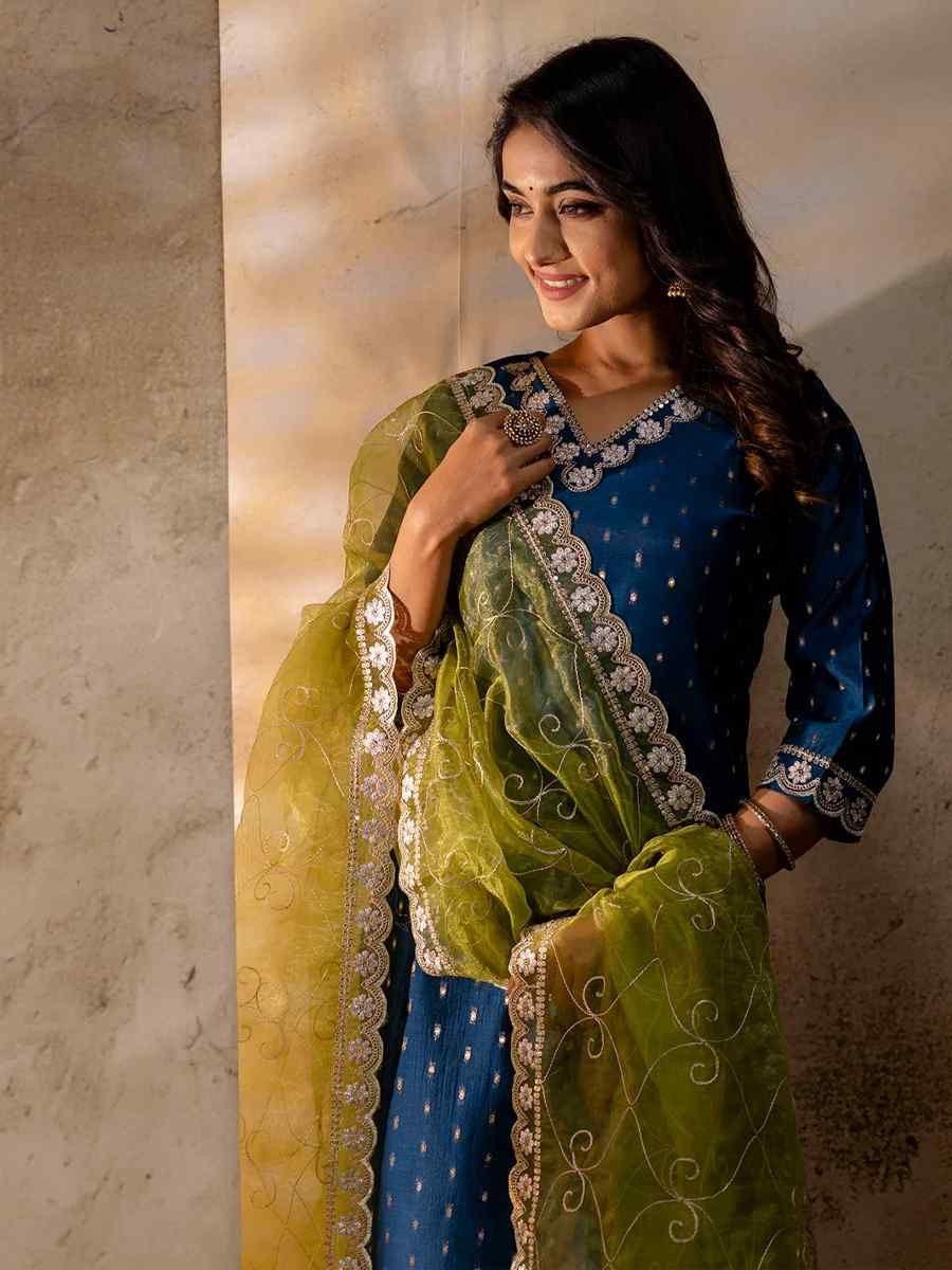 Teal Chanderi Silk Embroidered Festival Wedding Ready Pant Salwar Kameez