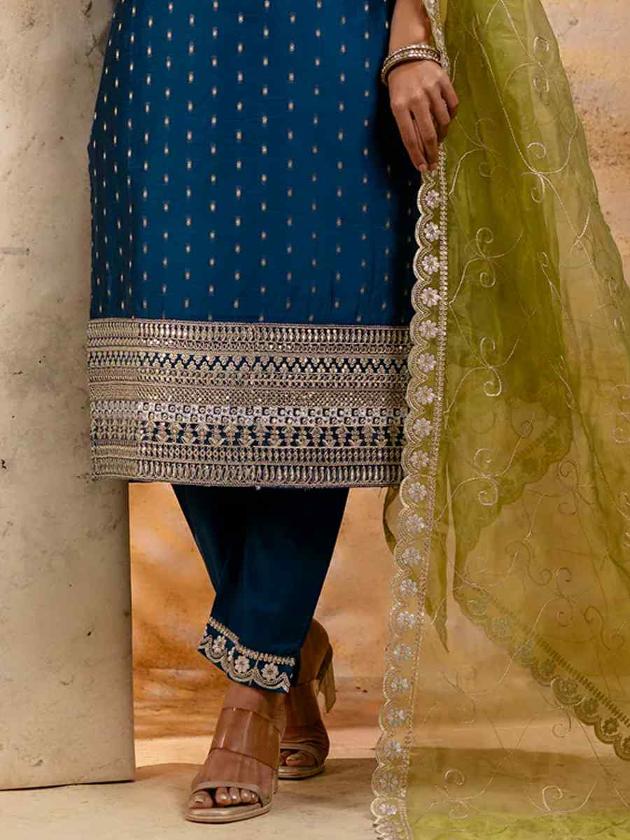 Teal Chanderi Silk Embroidered Festival Wedding Ready Pant Salwar Kameez