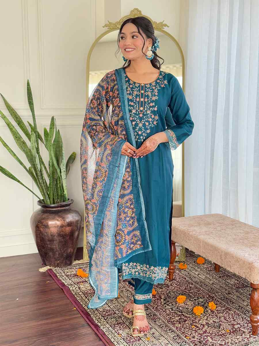 Teal Chanderi Silk Embroidery Party Wedding Festival Casual Ready Pant Salwar Kameez