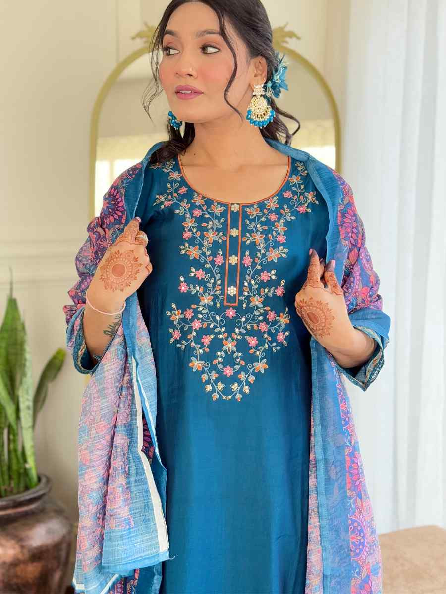 Teal Chanderi Silk Embroidery Party Wedding Festival Casual Ready Pant Salwar Kameez