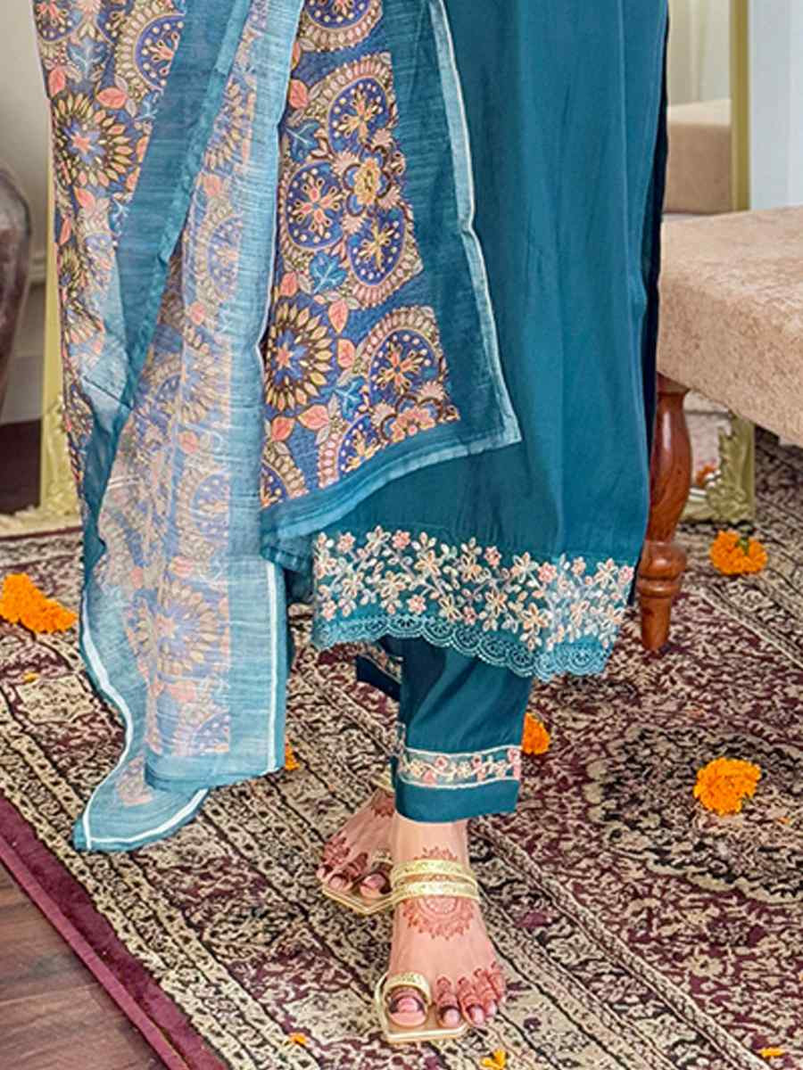 Teal Chanderi Silk Embroidery Party Wedding Festival Casual Ready Pant Salwar Kameez