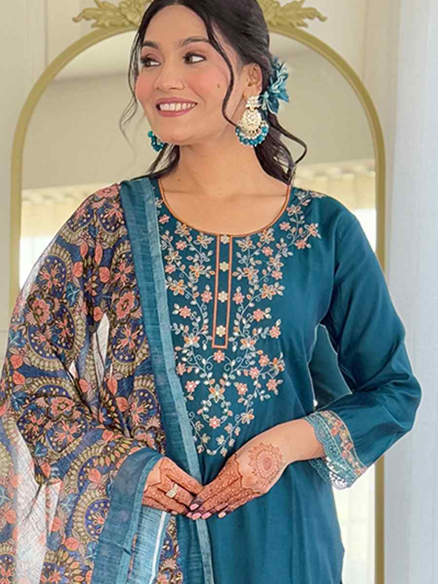 Teal Chanderi Silk Embroidery Party Wedding Festival Casual Ready Pant Salwar Kameez