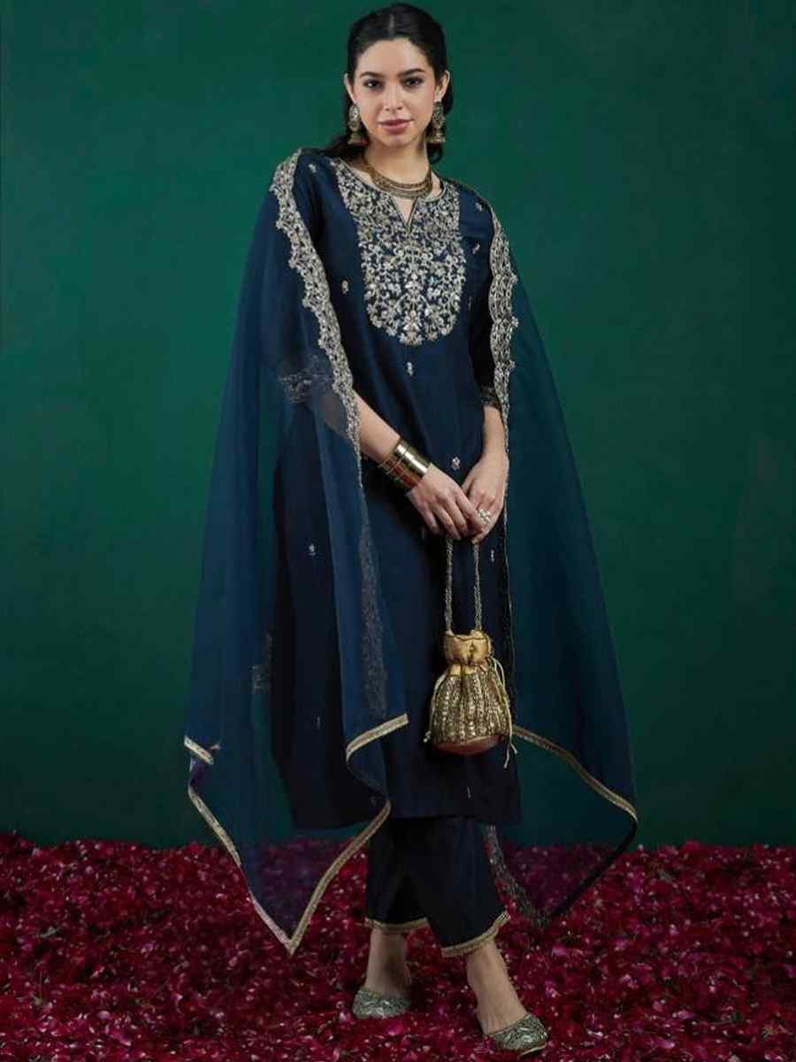 Teal Chanderi Silk Embroidery Party Wedding Festival Casual Ready Pant Salwar Kameez