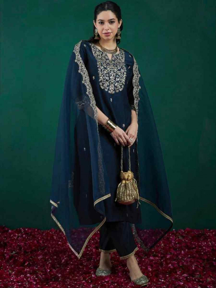 Image of Teal Chanderi Silk Embroidery Party Wedding Festival Casual Ready Pant Salwar Kameez