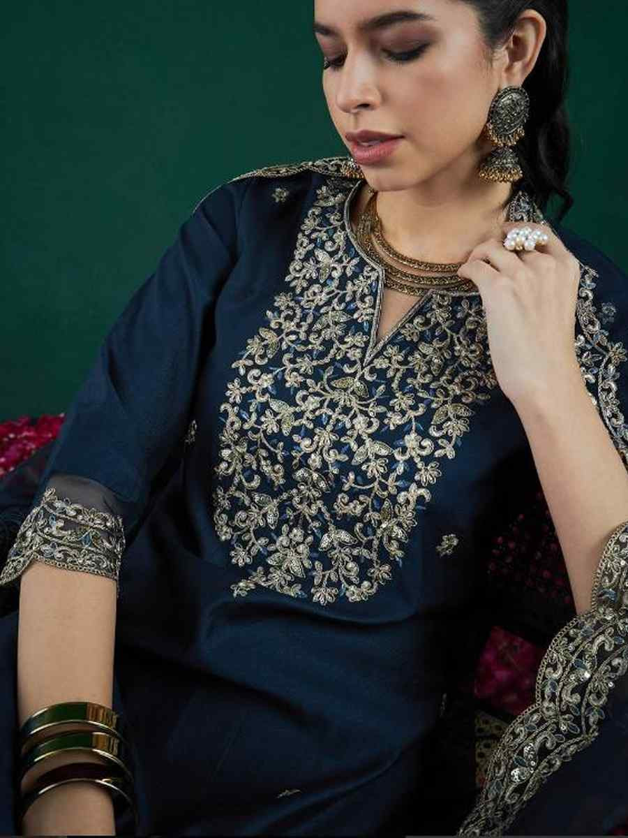 Teal Chanderi Silk Embroidery Party Wedding Festival Casual Ready Pant Salwar Kameez