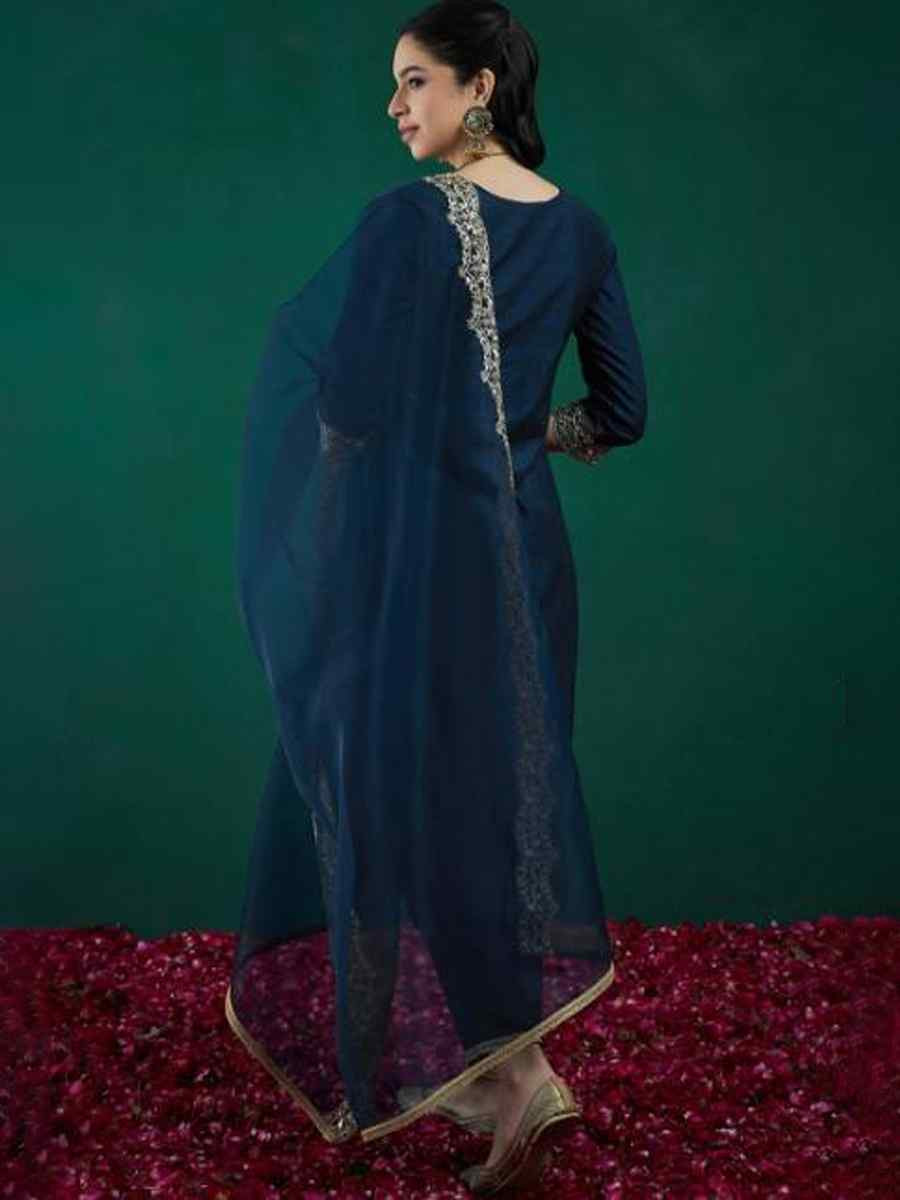 Teal Chanderi Silk Embroidery Party Wedding Festival Casual Ready Pant Salwar Kameez