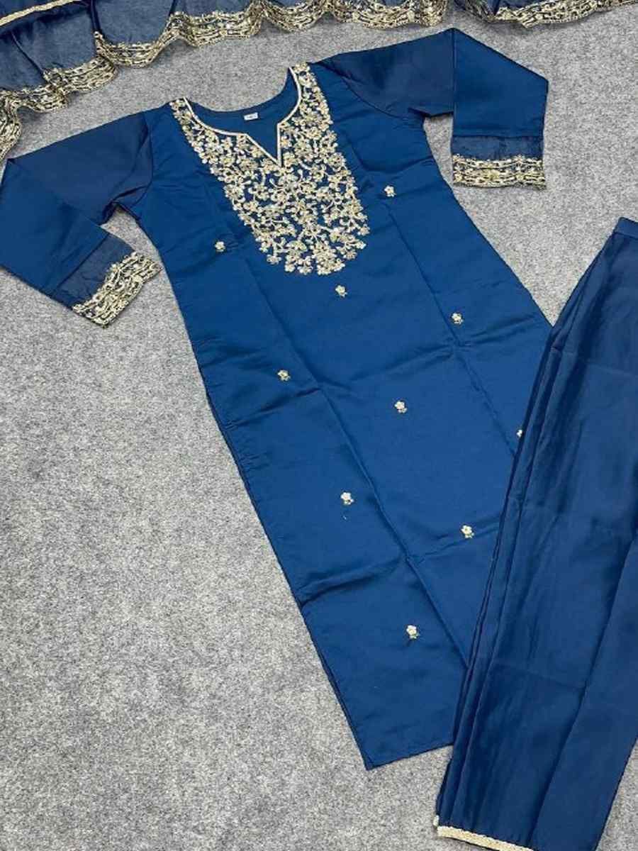 Teal Chanderi Silk Embroidery Party Wedding Festival Casual Ready Pant Salwar Kameez