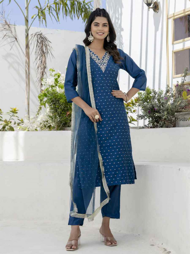 Image of Teal Chanderi Silk Embroidery Party Wedding Festival Casual Ready Pant Salwar Kameez