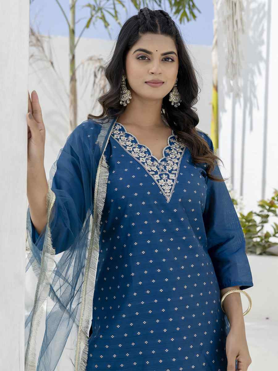 Teal Chanderi Silk Embroidery Party Wedding Festival Casual Ready Pant Salwar Kameez