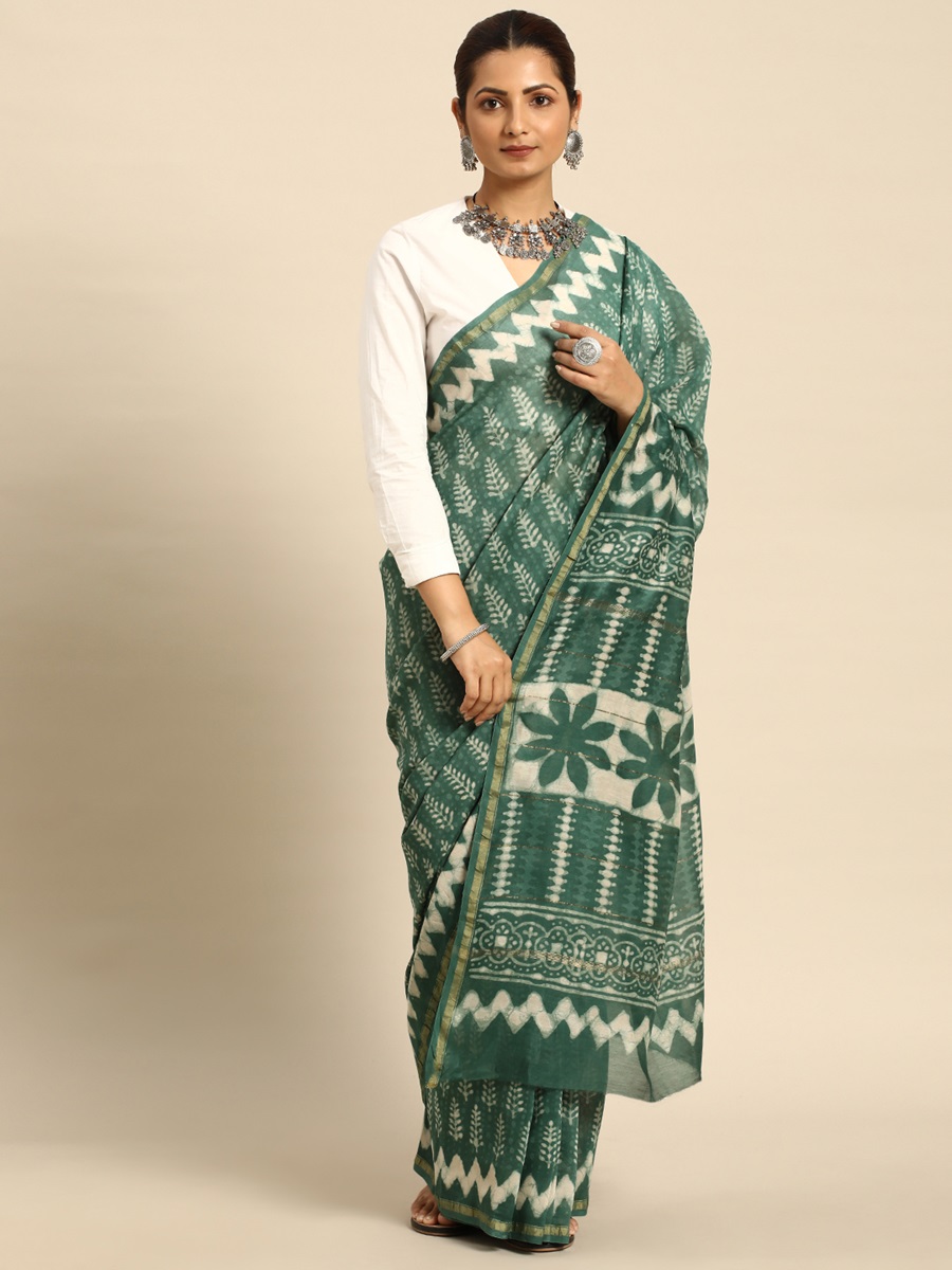 Teal Chanderi Silk Printed Festival Casual Contemporary Sarees