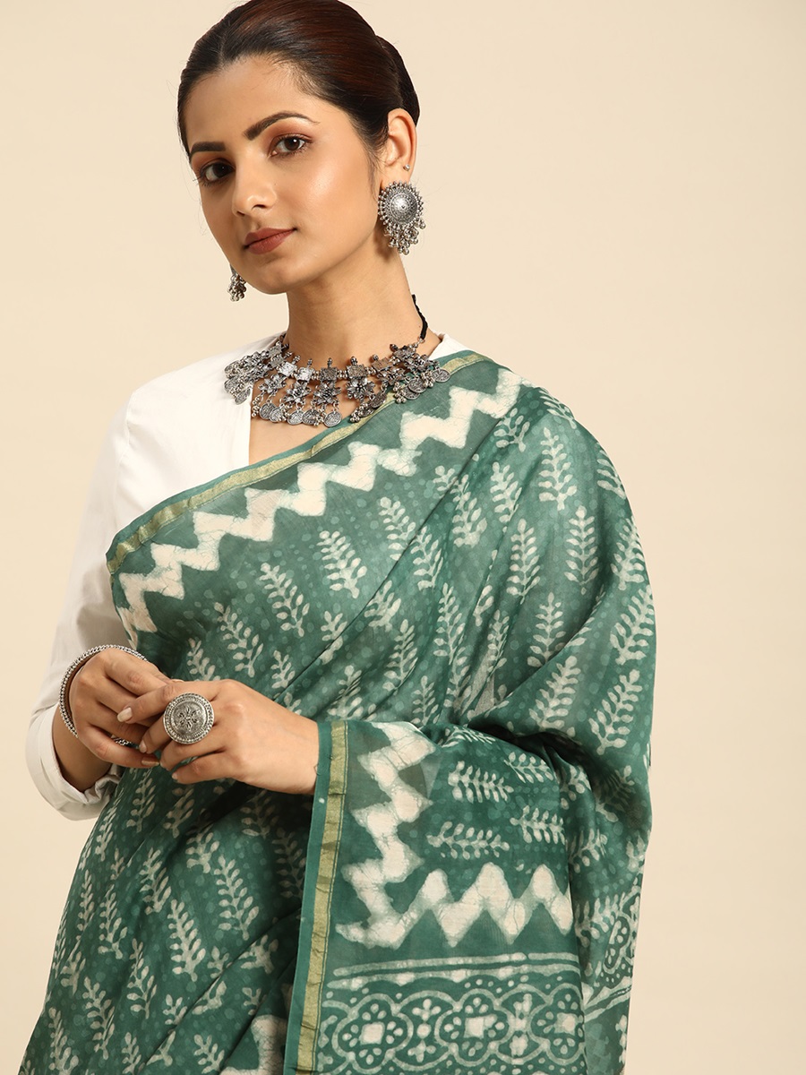 Teal Chanderi Silk Printed Festival Casual Contemporary Sarees