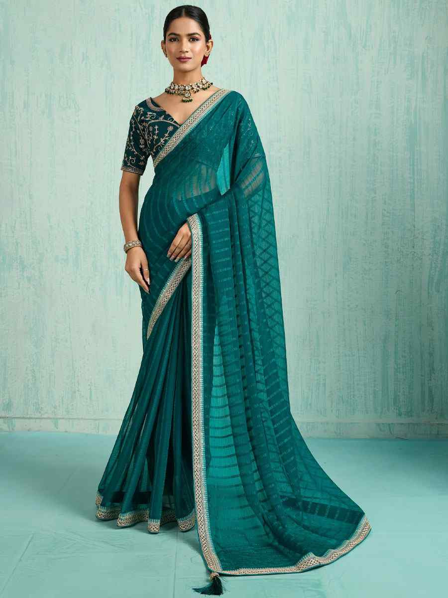 Teal Chiffon Embroidery Bridal Reception Festival Wedding Fancy Heavy Border Saree