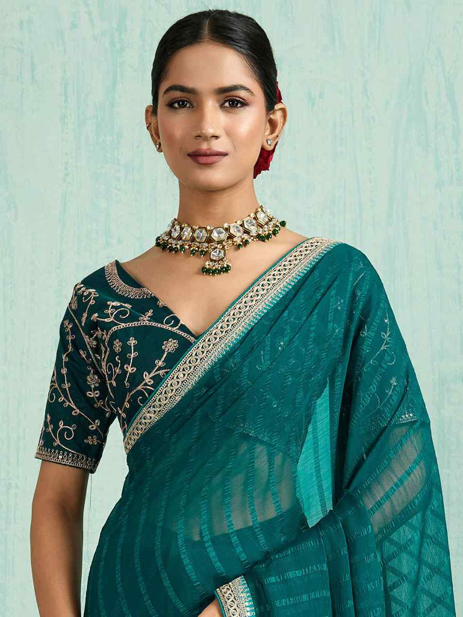 Teal Chiffon Embroidery Bridal Reception Festival Wedding Fancy Heavy Border Saree