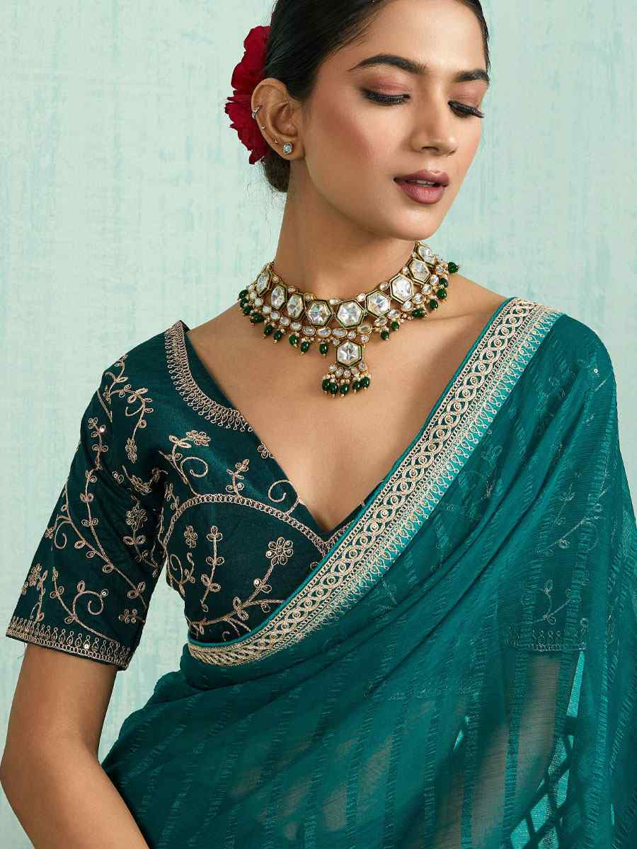 Teal Chiffon Embroidery Bridal Reception Festival Wedding Fancy Heavy Border Saree