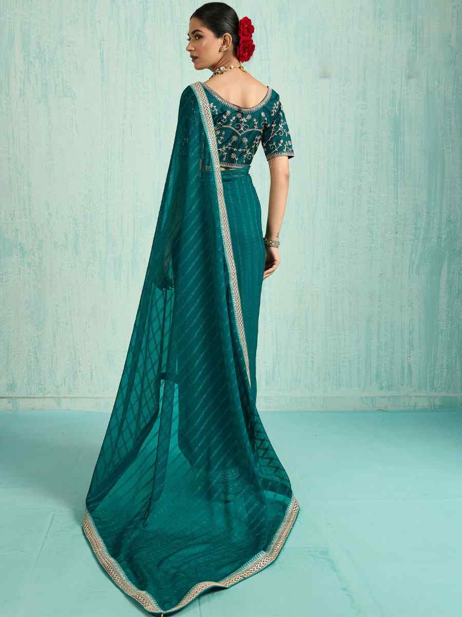 Teal Chiffon Embroidery Bridal Reception Festival Wedding Fancy Heavy Border Saree
