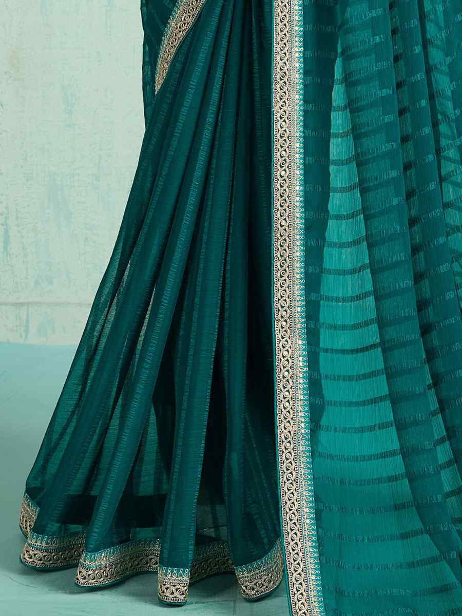 Teal Chiffon Embroidery Bridal Reception Festival Wedding Fancy Heavy Border Saree