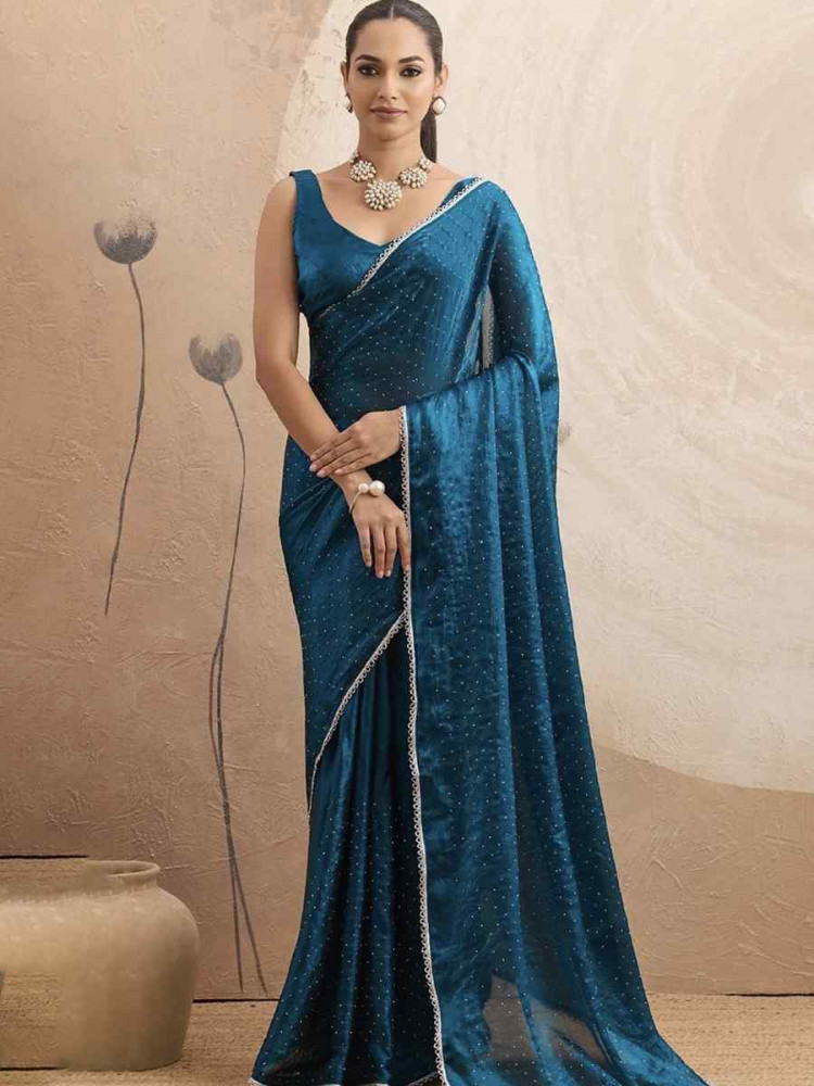 Image of Teal Chiffon Plain Diamond Work Casual Reception Festival Wedding Fancy Classic Style Sarees
