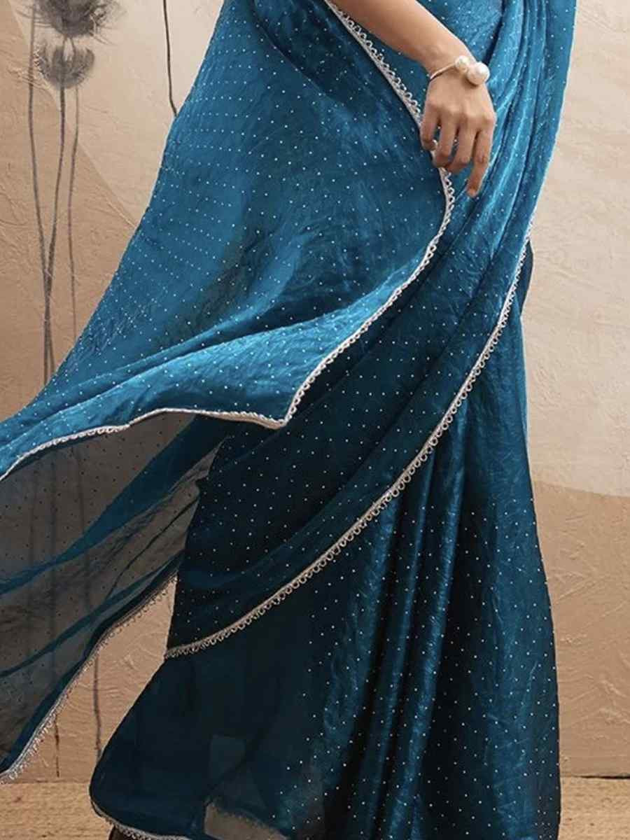 Teal Chiffon Plain Diamond Work Casual Reception Festival Wedding Fancy Classic Style Sarees