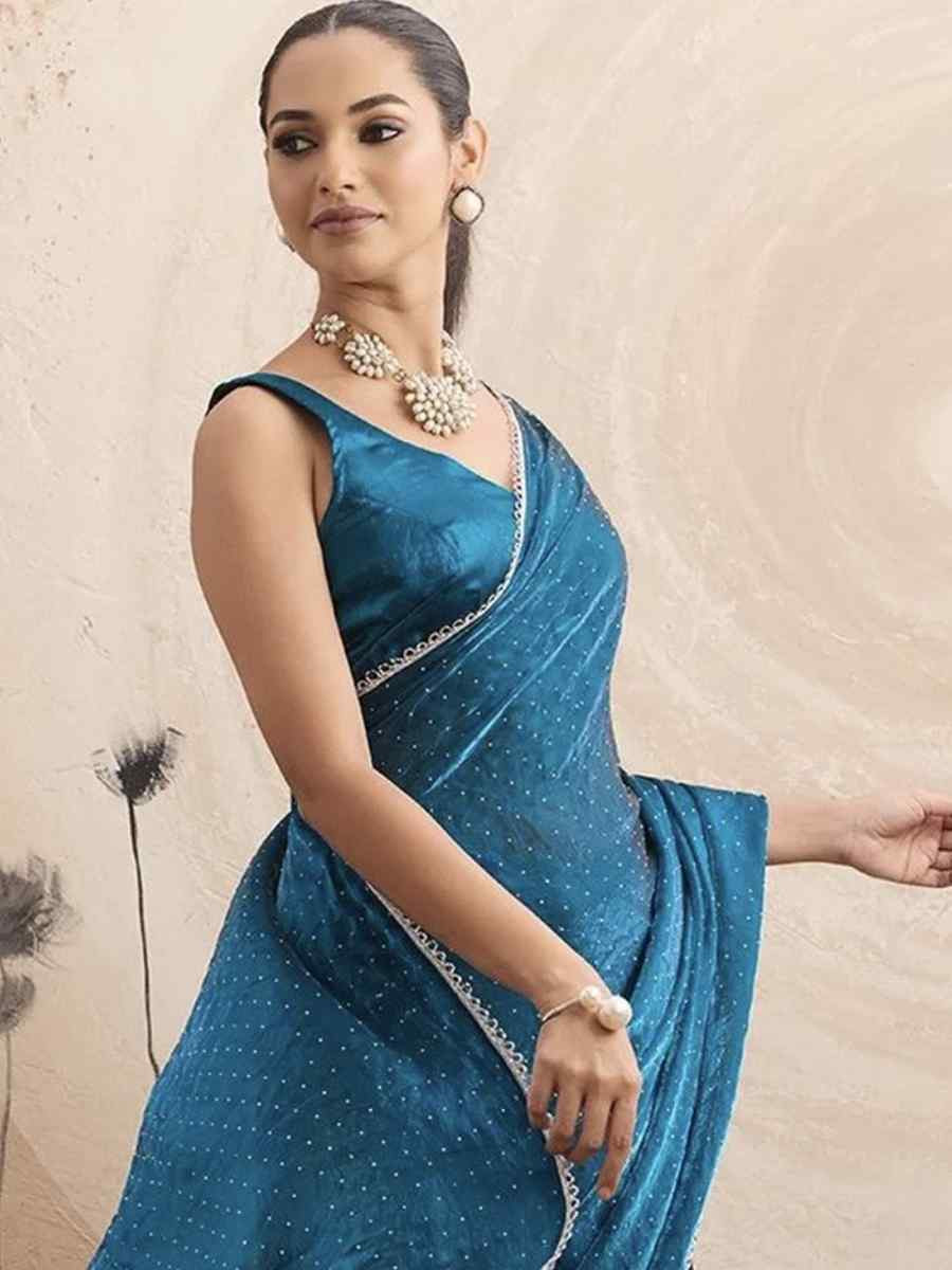 Teal Chiffon Plain Diamond Work Casual Reception Festival Wedding Fancy Classic Style Sarees