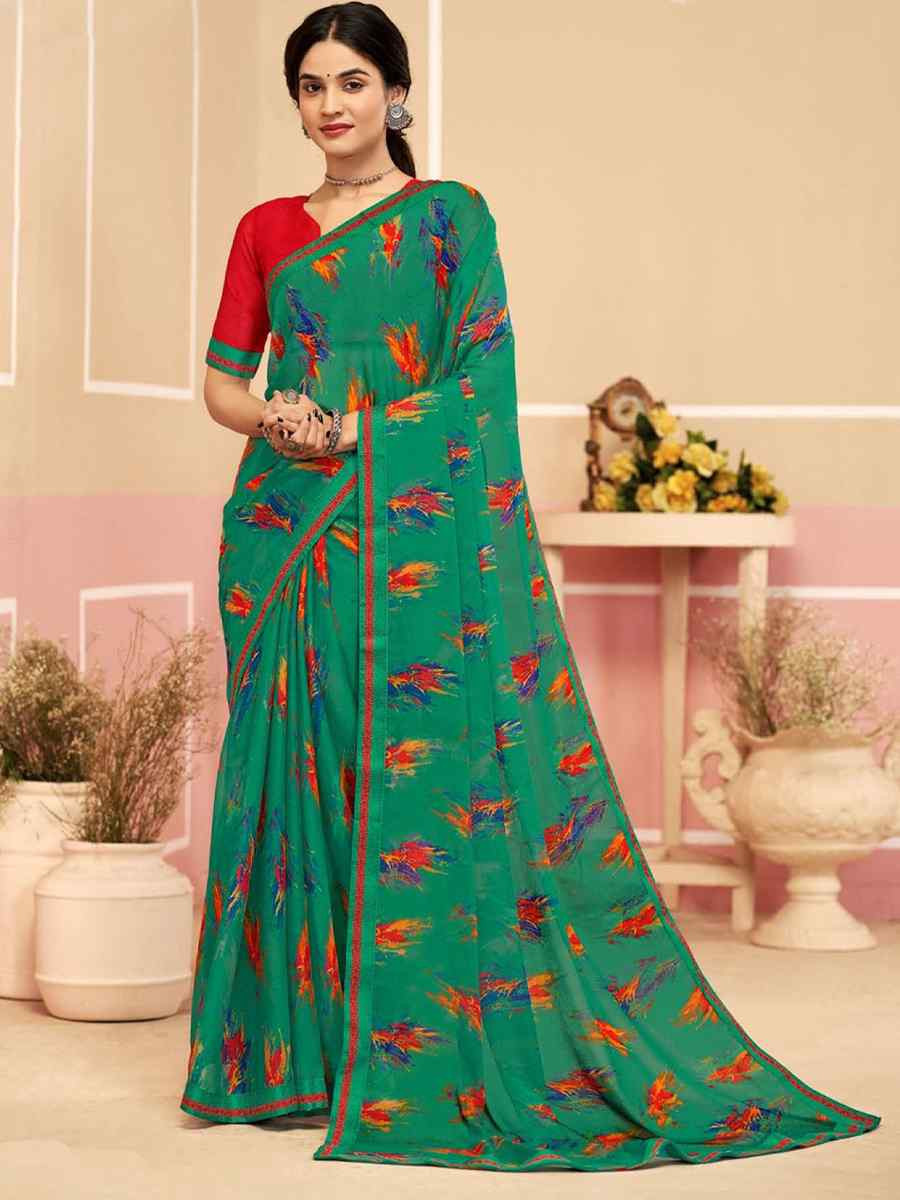 Teal Chiffon Printed Festival Wedding Fancy Classic Style Sarees