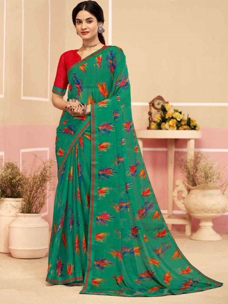 Image of Teal Chiffon Printed Festival Wedding Fancy Classic Style Sarees