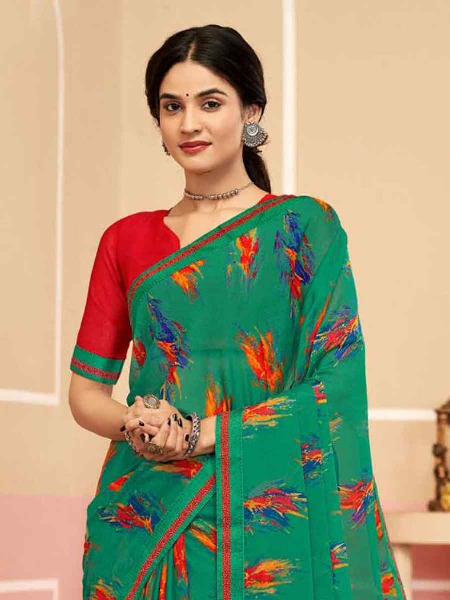 Teal Chiffon Printed Festival Wedding Fancy Classic Style Sarees