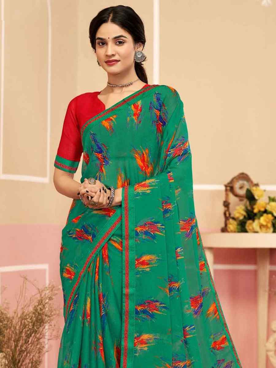 Teal Chiffon Printed Festival Wedding Fancy Classic Style Sarees