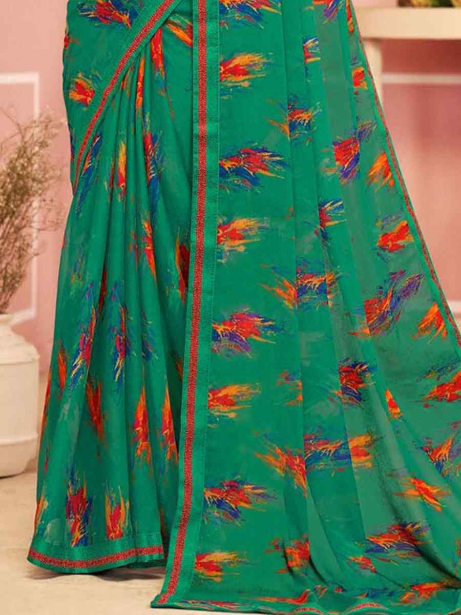 Teal Chiffon Printed Festival Wedding Fancy Classic Style Sarees
