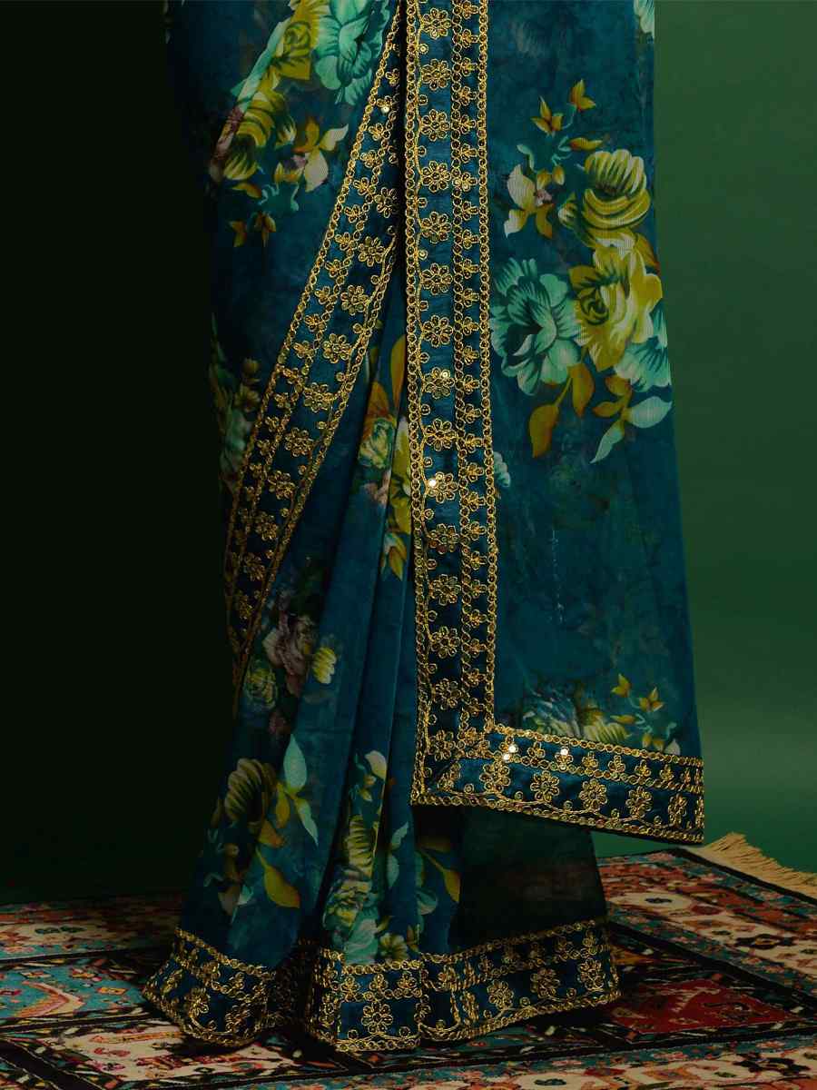 Teal Chiffon Printed Party Festival Classic Style Saree