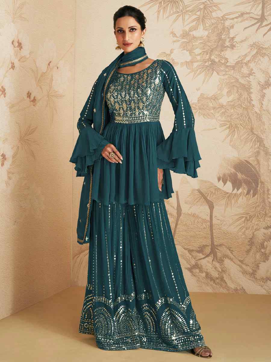 Teal Chinon Crub Embroidered Festival Wedding Palazzo Pant Salwar Kameez