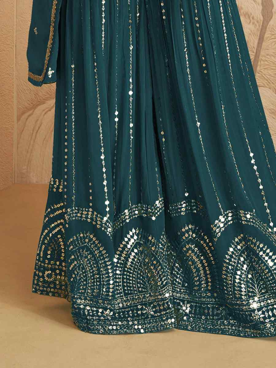 Teal Chinon Crub Embroidered Festival Wedding Palazzo Pant Salwar Kameez
