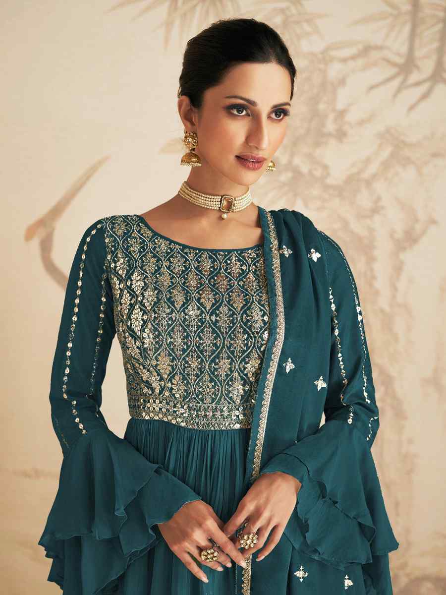 Teal Chinon Crub Embroidered Festival Wedding Palazzo Pant Salwar Kameez