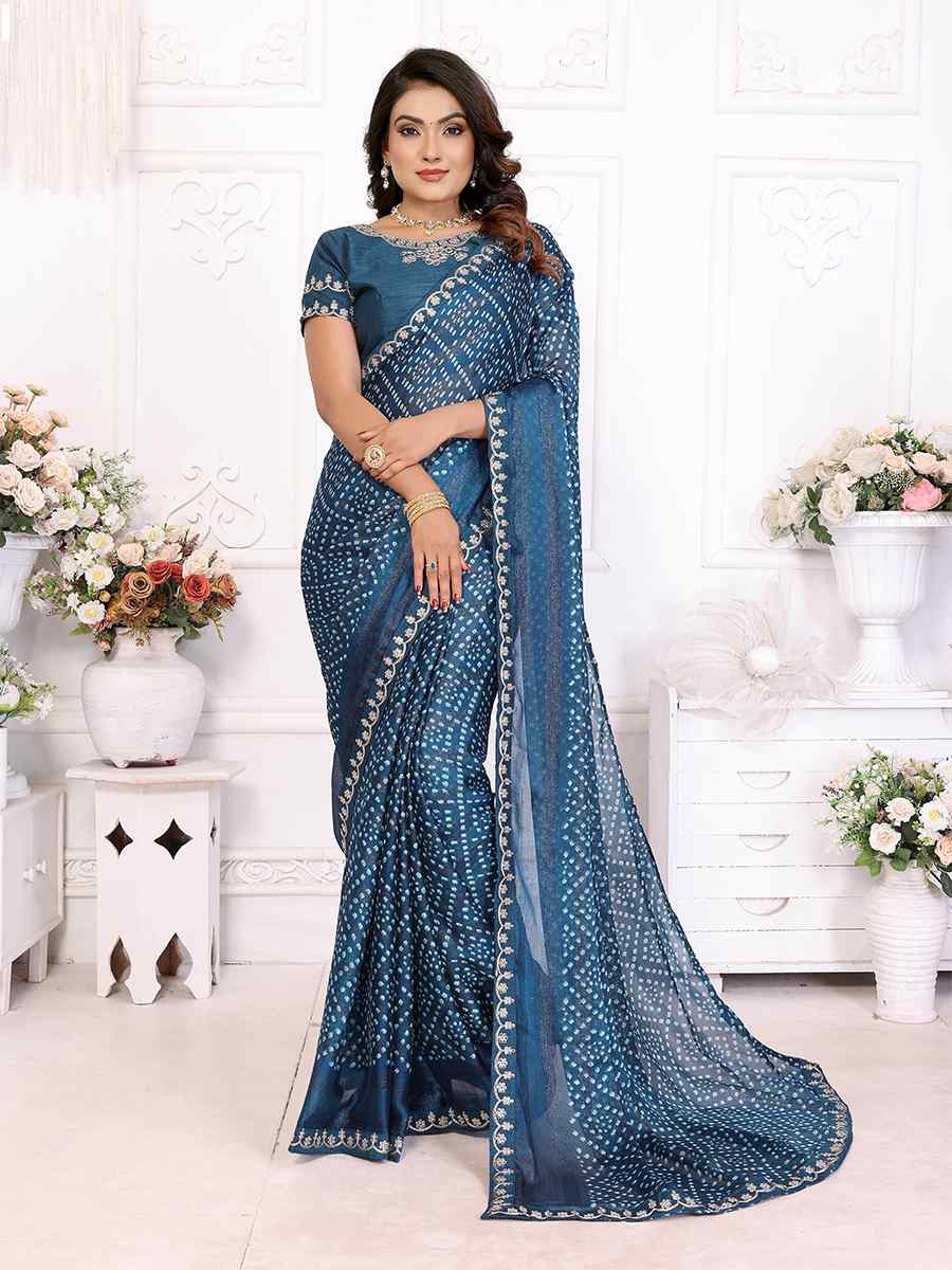 Teal Chinon Embroidered Festival Wedding Fancy Heavy Border Saree