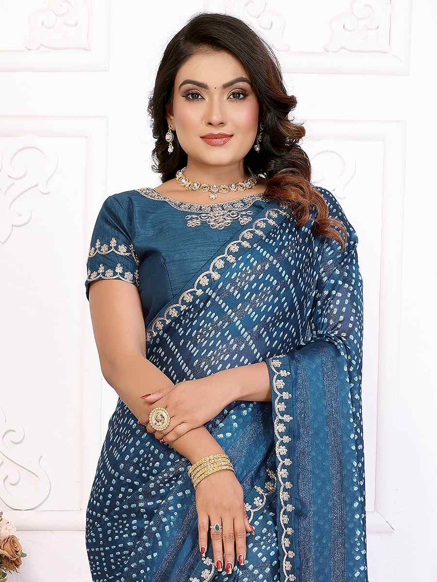 Teal Chinon Embroidered Festival Wedding Fancy Heavy Border Saree