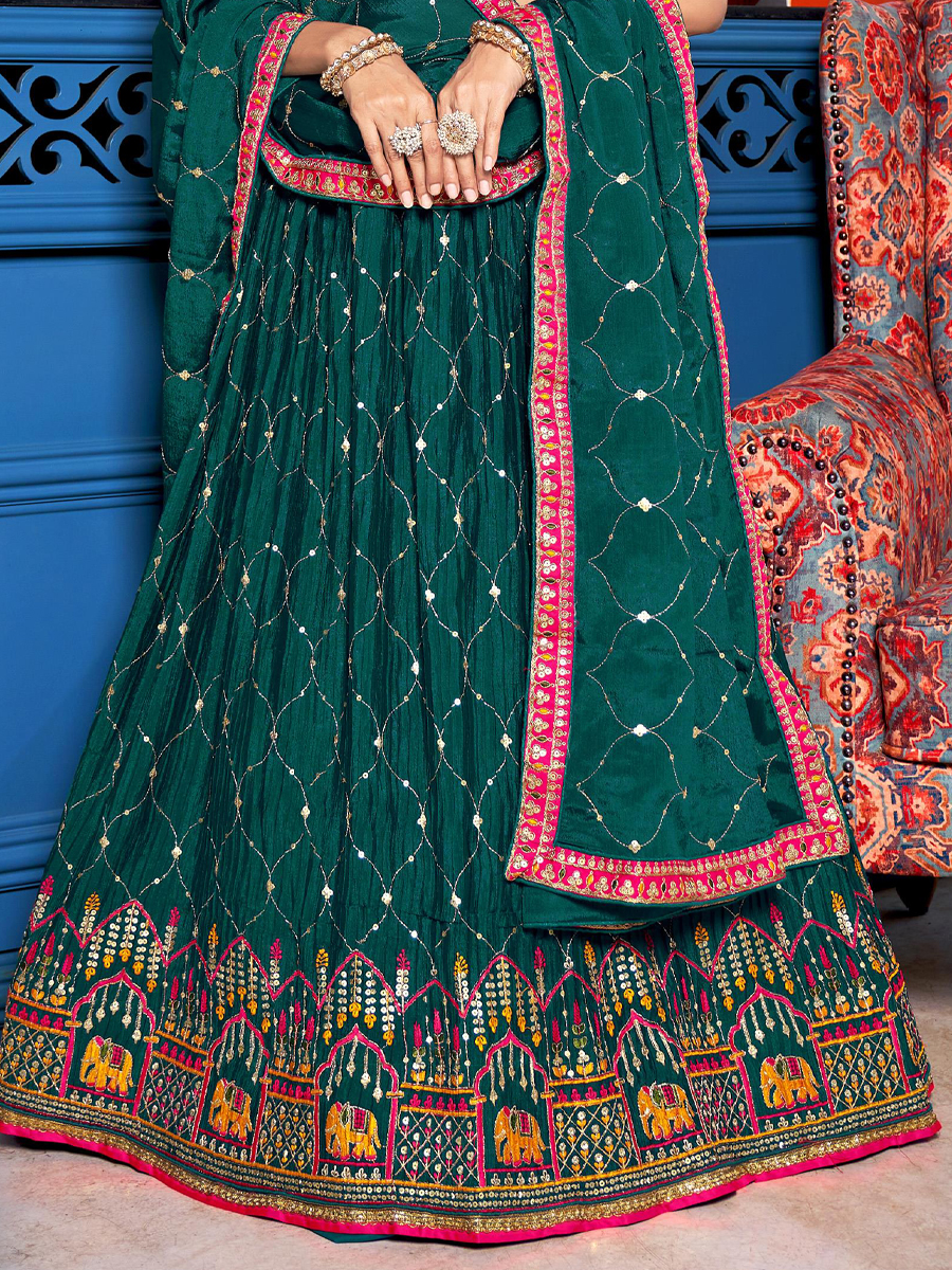 Teal Chinon Embroidered Festival Wedding Traditional Lehenga Choli