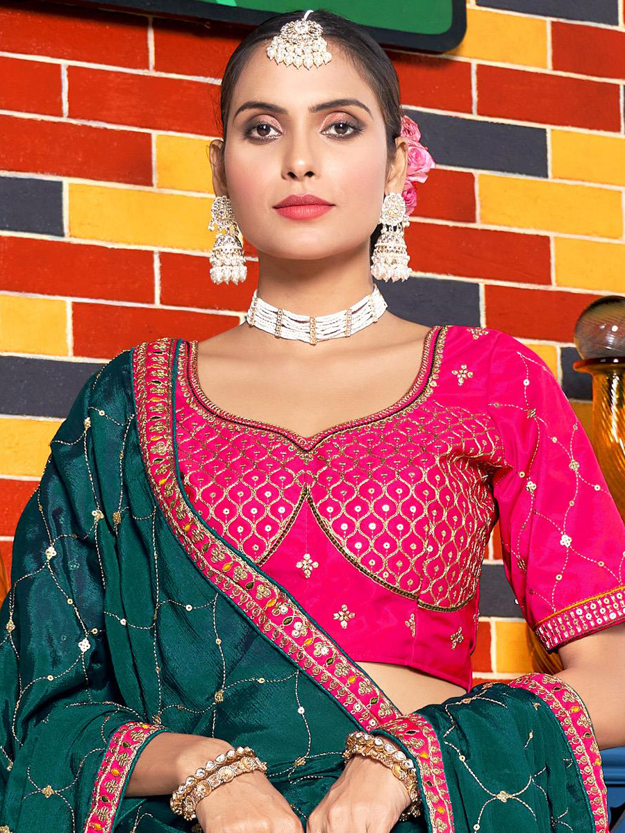Teal Chinon Embroidered Festival Wedding Traditional Lehenga Choli