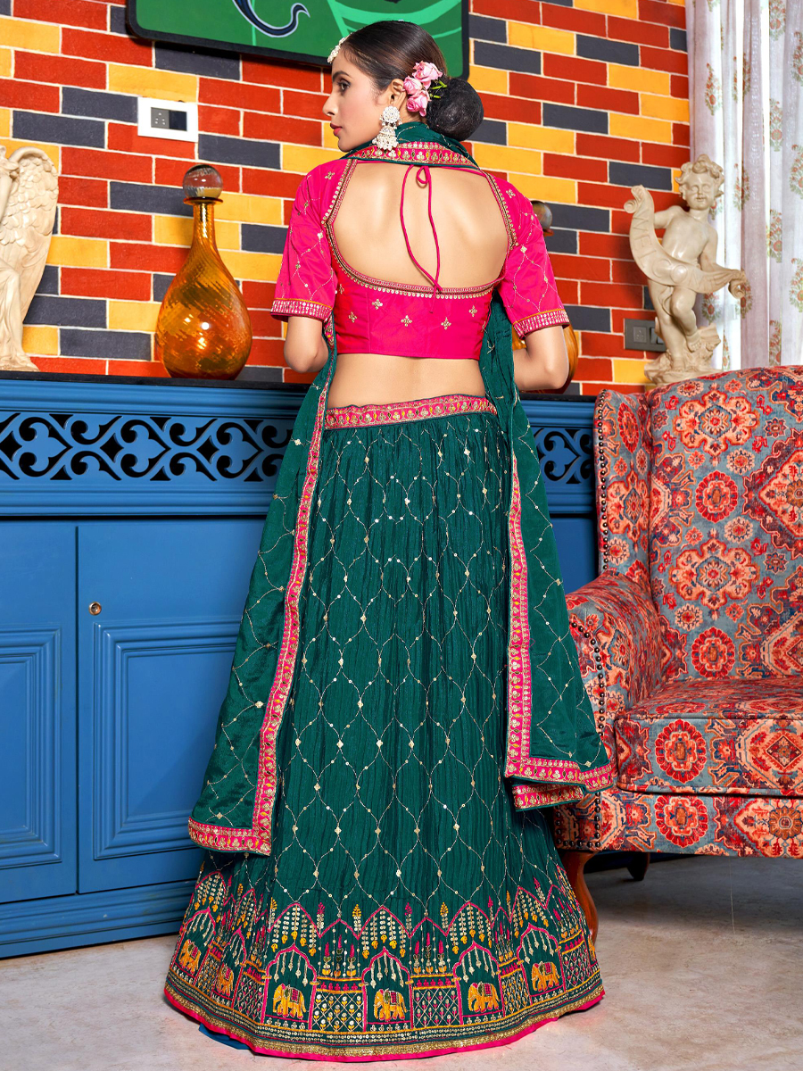 Teal Chinon Embroidered Festival Wedding Traditional Lehenga Choli