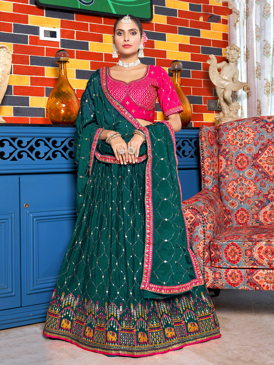 Teal Chinon Embroidered Festival Wedding Traditional Lehenga Choli